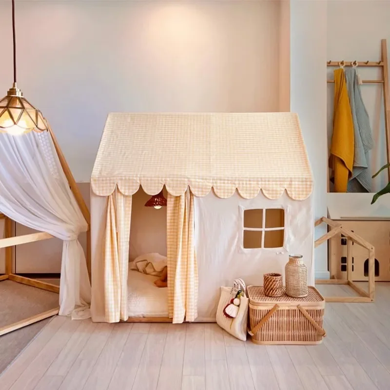 Nordic Style Kids Indoor Play Tent Lattice Pattern Game House for Boys Girls Kindergarten Parent Child Room Toy Castle
