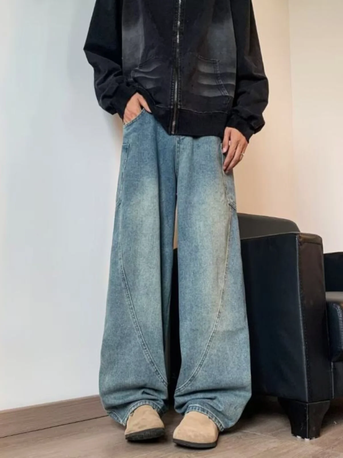 

Американские ретро-джинсы Cleanfit с широкими штанинами для мужчин, осенне-зимние, в стиле хип-хоп, свободные повседневные брюки с микро-клешем