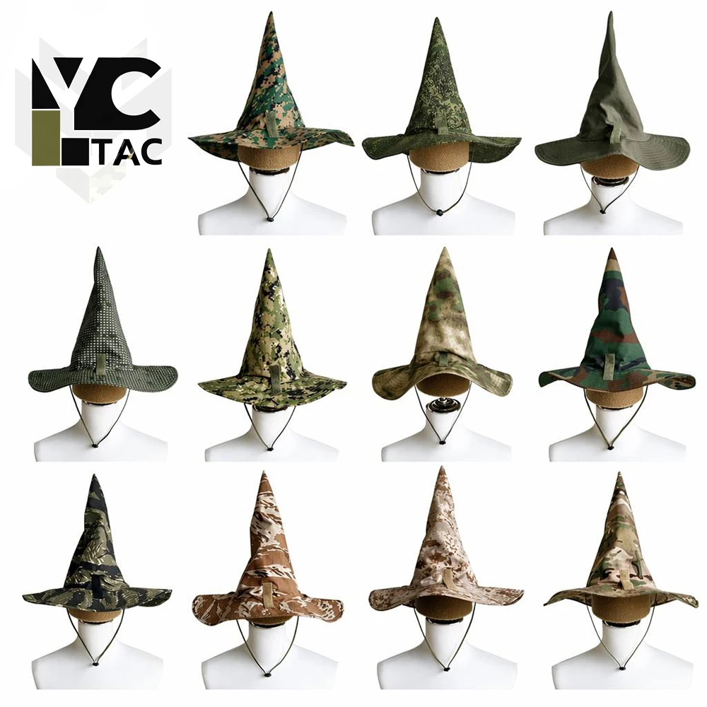 yctac-タクティカル迷彩ウィザードハット-軽量-通気性-折りたたみ式-広いつばの円錐形ウィザードキャップ-エアソフト-ハロウィン-コスプレ用