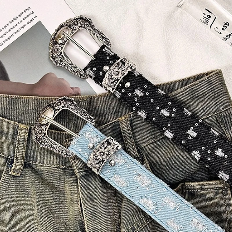 Sabuk Lebar Vintage Y2K untuk Wanita, Sabuk Kulit Denim Berongga Retro Punk untuk Gaun Rok, Aksesoris Fashion