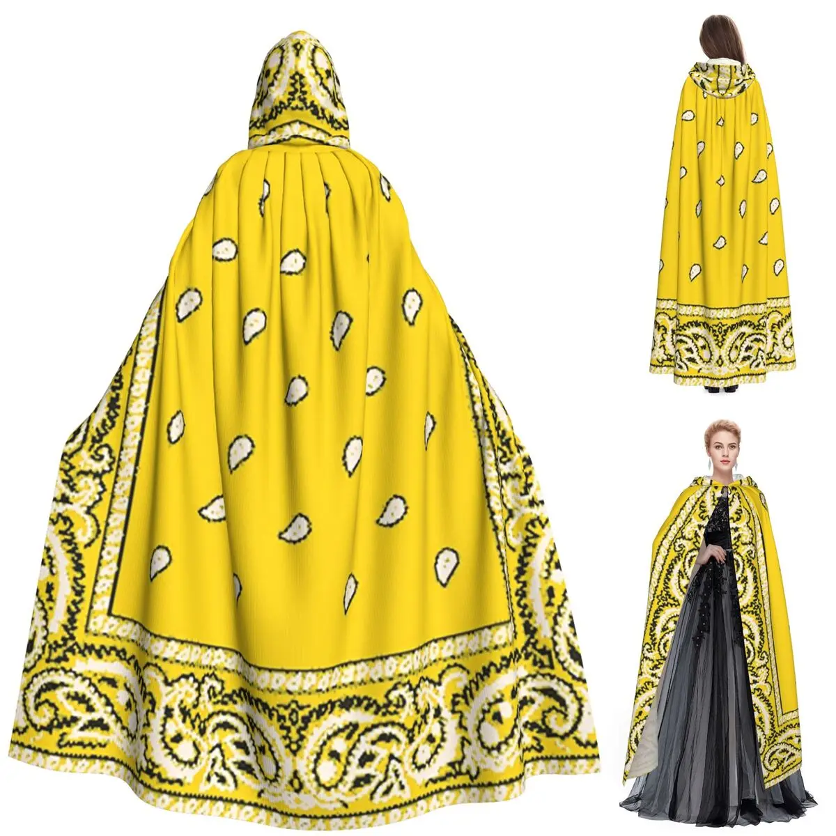 

Желтый длинный плащ с капюшоном и принтом пейсли, средневековый костюм ведьмы, накидка для косплея, накидка на Хэллоуин, вечеринка для взрослых, унисекс