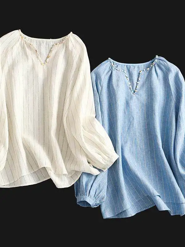 Camisa de lino a rayas para mujer, de corte holgado, con cuello en V, manga larga, adornos de cuentas, estilo casual, corte clásico, marca Outlet, calidad superior.