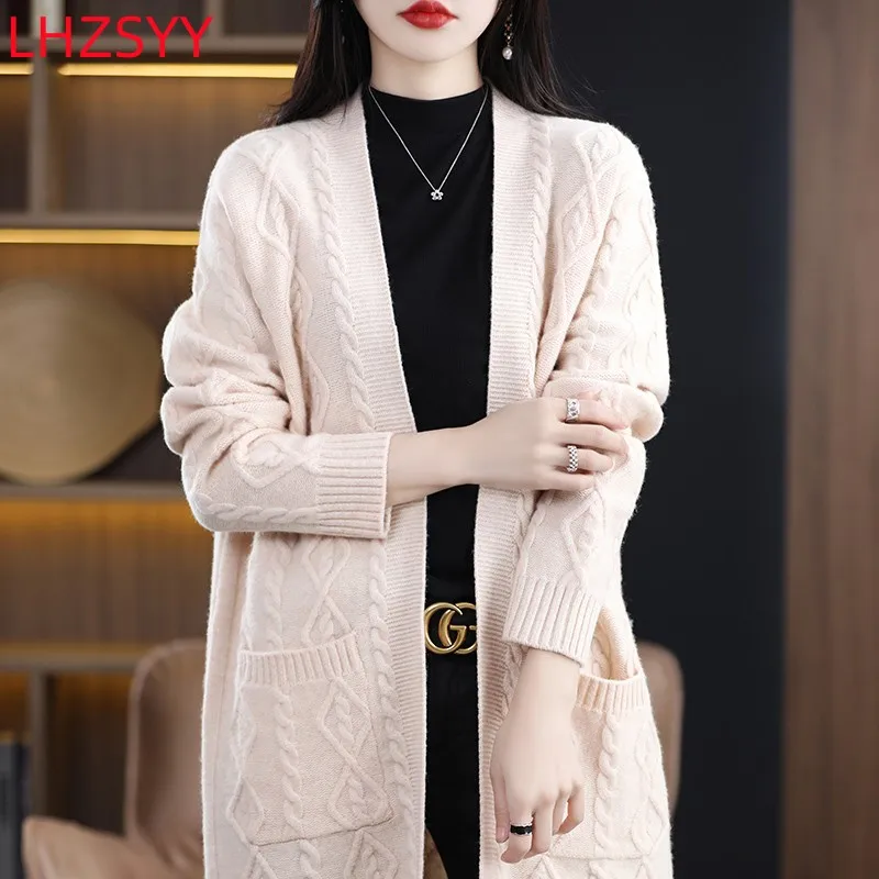 LHZSYY 100% Pure Wool Cashmere Coat Women\'s Jacket Warm Long Knit Cardigan 2023 Spring New Fashion Over-The-Knee Large Size coat