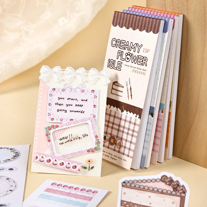 15pcs Creamy Flower Isle Series Sticker Cake Border Writeable Die-cut Stickers DIY Scrapbooking Journal Diary Collage Decorative