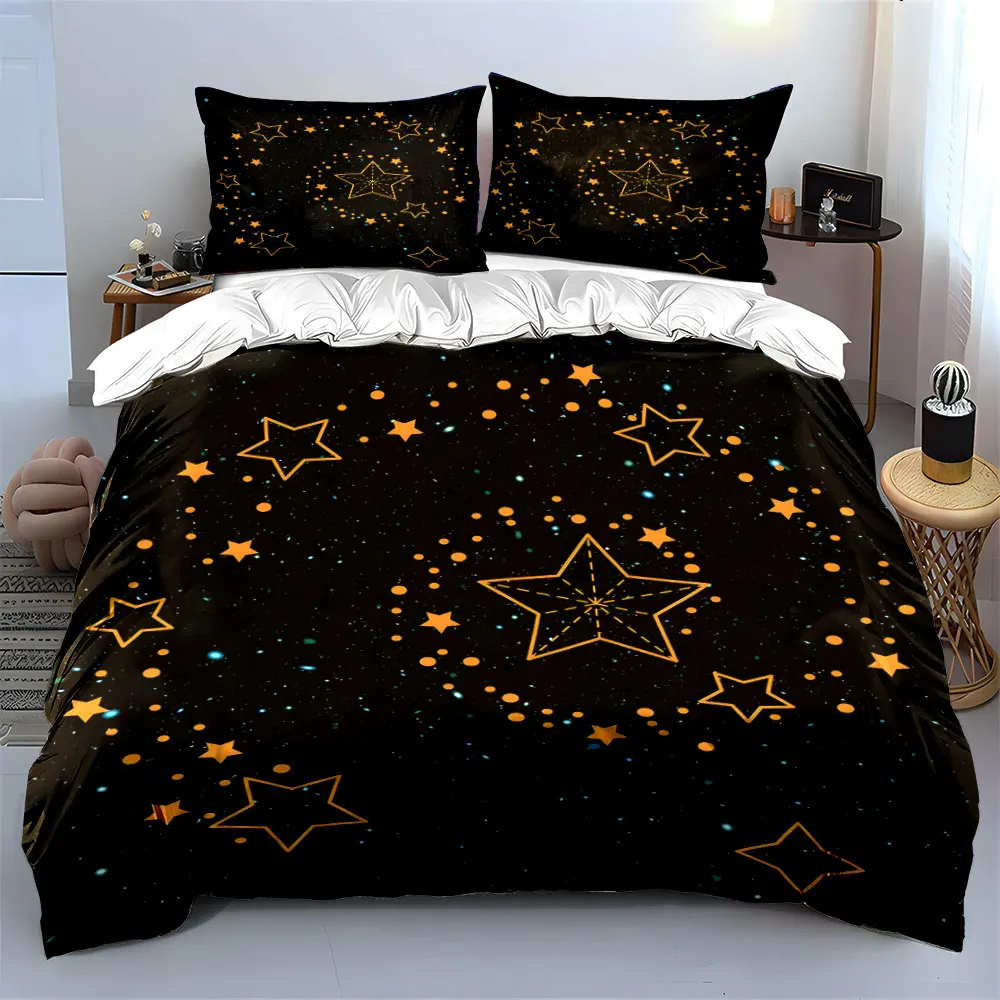 3Pcs Black Starry Sky Bedding Set,Orange Star Outline and Dots Print Duvet Cover Set,Minimal Galaxy Pattern for Modern Bedroom