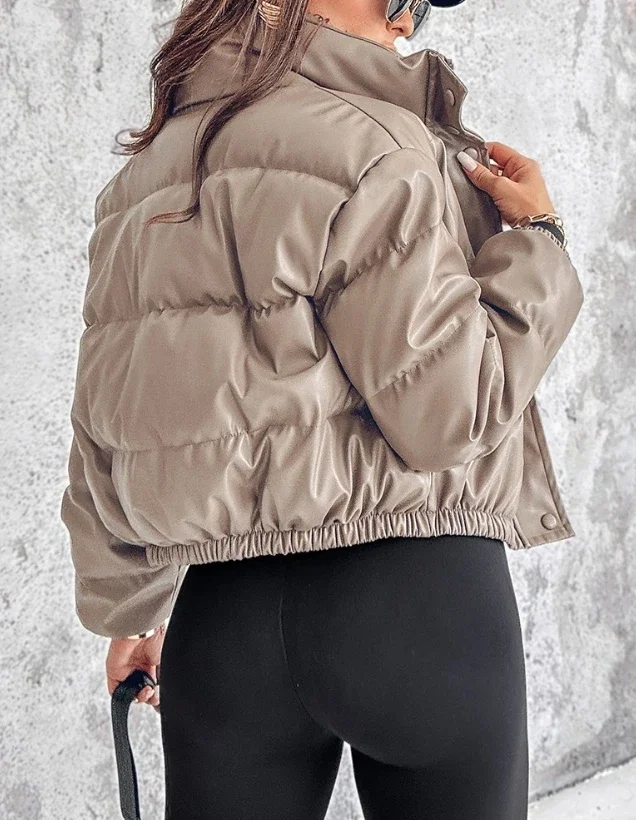 Winter Jacket Women\'s 2024 Casual Basic Fashion New In Coat Pu Leather Stand Up Collar Snap Zipper Windproof Warm Down Jacket