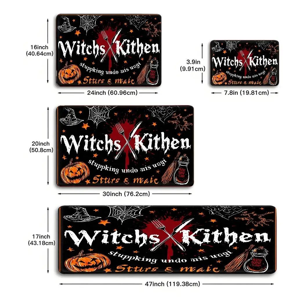 1pc, 2pcs, 3pcs, 2D Flat Kitchen Floor Mat Set, Witches Kitchen Halloween Themed Floor Rug, Spooky Pumpkin And Witch Hat Design, Gothic Horror Style, Festive Holiday Decoration, Easy-To-Clean Decorative Kitchen Mat