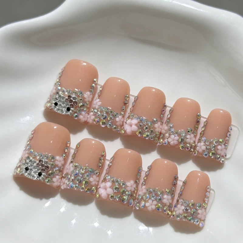10개입 누드 프레스온 가짜 손톱 글리터 라인스톤 꽃 디자인 짧은 덕 프렌치 인조 손톱 탈부착 가능 달콤한 소녀용
