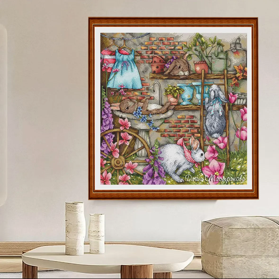 【CC2126- Rabbit Garden】 DIY Cross Stitch Needlework Kit 16CT, Cotton Thread Set, Printed Fabric for Hand Stitching