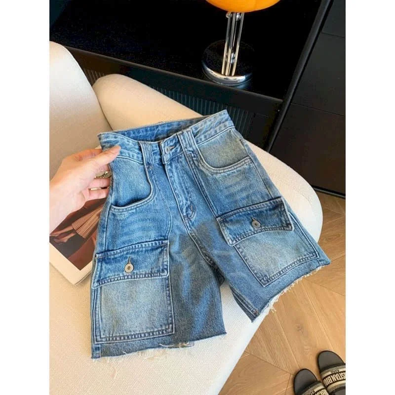 Denim Straight Pants Loose 2026 Summer Workwear Five-point Pants American Style Fringed Jeans Vintage Women Baggy Y2k Clothes