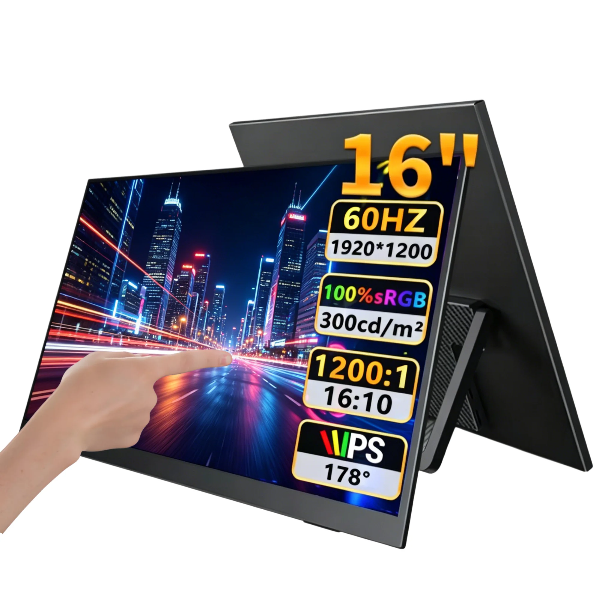 Monitor portátil táctil FHD de 16 pulgadas, pantalla externa IPS 1200P, USB C, mini-HDMI para portátil, Mac, PC, Xbox, PS, Switch con orificio VESA