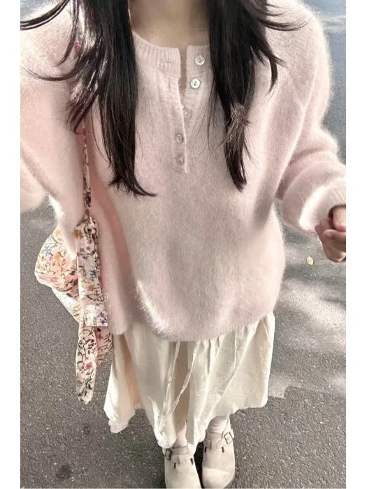 

Мягкий розовый женский вязаный свитер для осени и зимы, утепленный, в стиле кэжуал, премиум-класса, базовый слой, свободный крой, длинный рукав