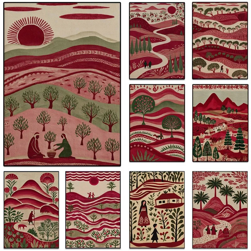 1pc frameless Canvas Painting Retro Palestinian Folk Art Olive Tree Middle East Village Landscape Abstract Poster Canvas Paintin