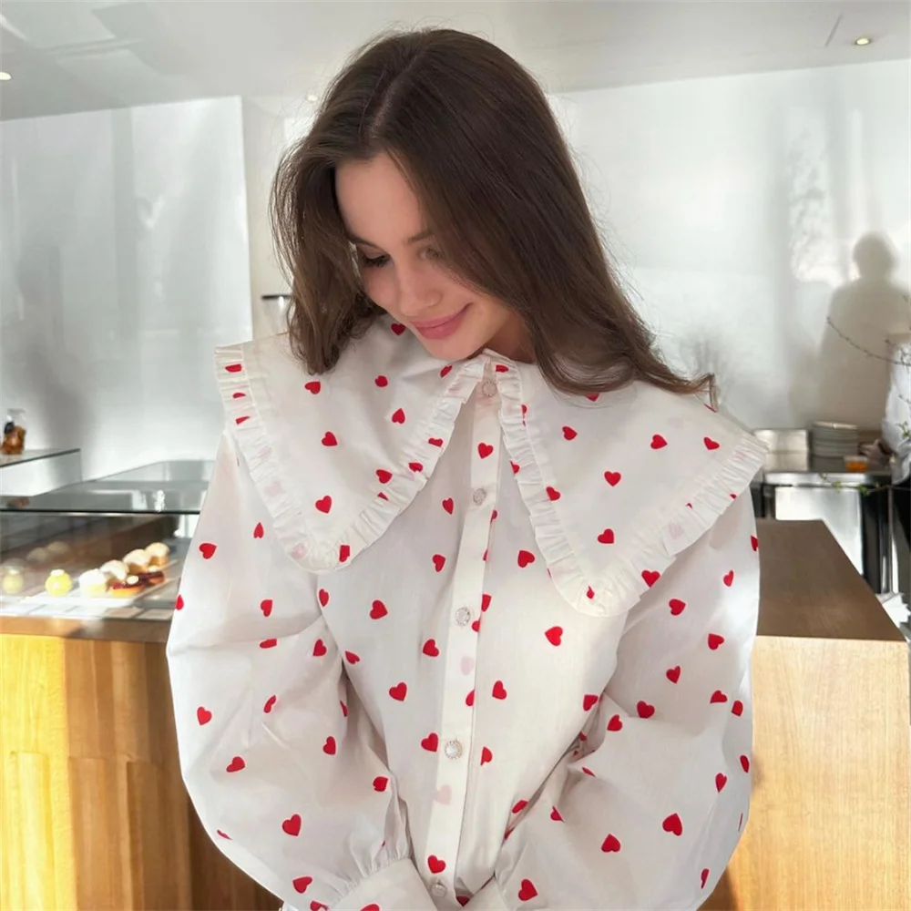 

Jacquard Heart Print Long Sleeve Blouses Spring Summer Vintage Peter Pan Collar Cute Single Breasted 100% Cotton Loose Shirt