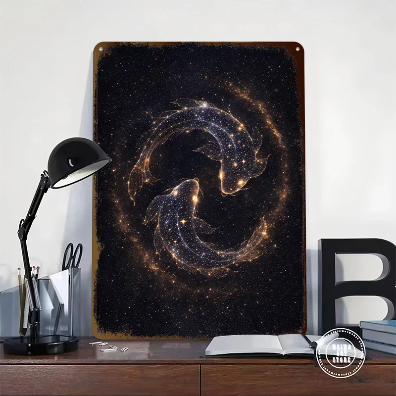 Constellation Koi Yin??Yang in Deep Space Printed Poster Customized Retro Wall Art Vintage Metal Tin Signs for Wand Deko Decor