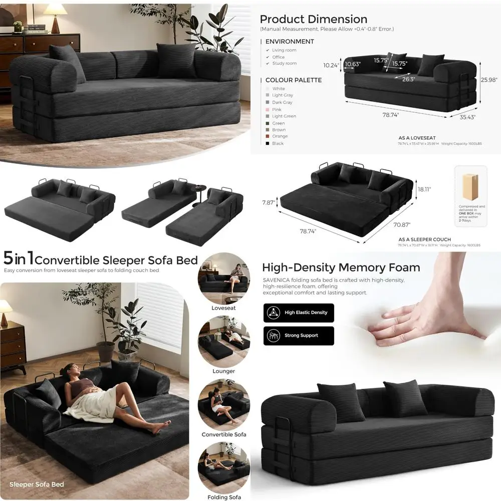 Convertible Sofa Bed with Fixed Frame and Removable Armrests, Modular Corduroy Sleeper Couch, Folding Mattress for Small Spaces