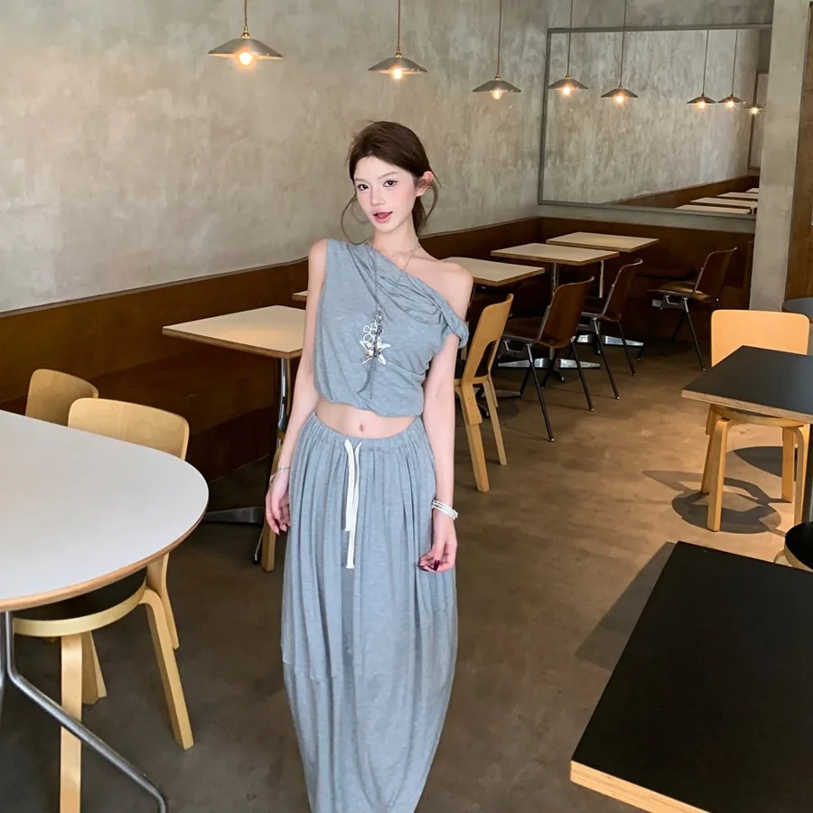 

Summer Vintage Sexy Asymmetrical Knitted High Waist Split Skirt Shoulder Twist T-Shirt Women's Set Short Sleeve Hong Kong Style