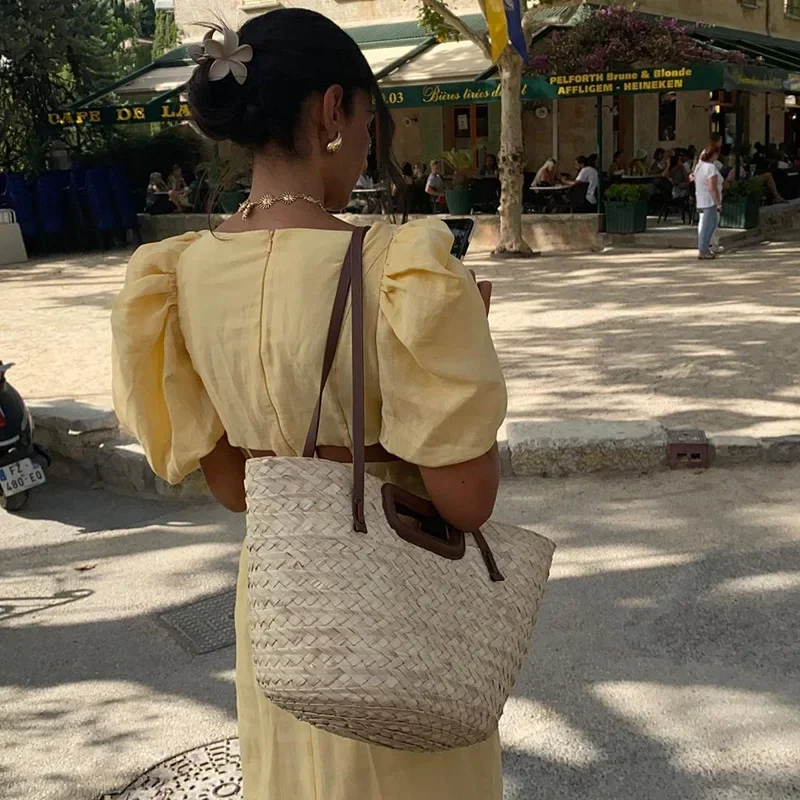 Mulheres puff manga vestido de festa senhoras 2025 cintura oca alta rua vestido de verão elegante sólido gola quadrada férias vestido longo