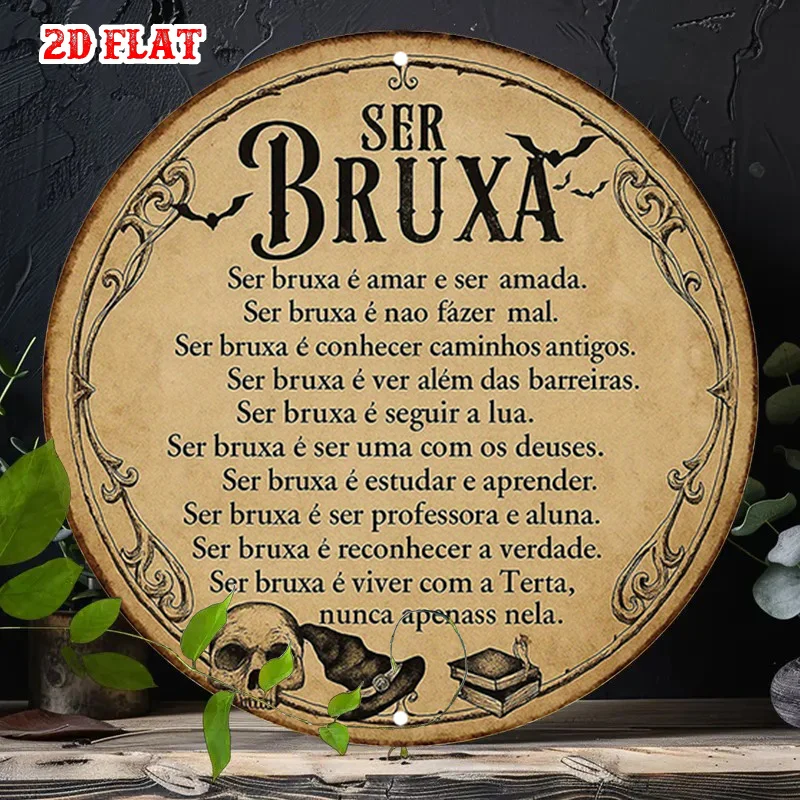 CIFBUY 2D Flat Round Sign Aluminum Wall Art Waterproof Durable Skull Bat Witch Hat Decor For Home Garage Cafe Dining Area