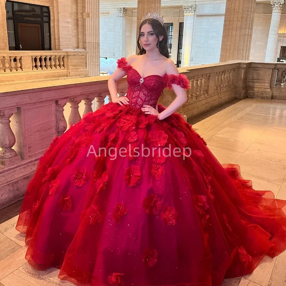 Angelsbride Glamorous Red Ball Gown Quinceanera Dresses Vestidos De 15 Quinceañera 3D Handmade Flower Girl Party Dress