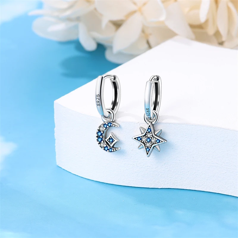 Hot Sales 925 Sterling Silver Hexagram Star Moon Hoop Earrings For Women Fine Birthday Anniversary Jewelry Gifts
