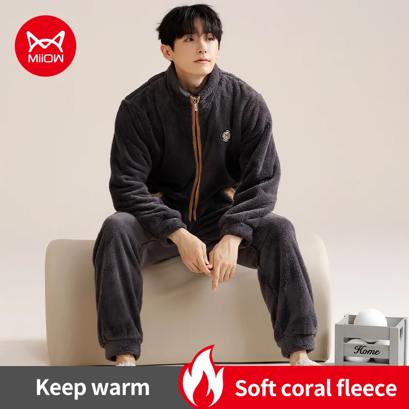 Coral Fleece Men\'s Winter Pajamas Set Loose Long-sleeves Zipper Sleepwear Thick Warm Fleece Homewear Male Black Flannel Pyjamas