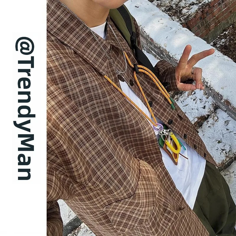 

Рубашка свободного кроя в японском ретро-стиле с длинными рукавами и карманом для мужчин и женщин, коричневая клетчатая рубашка с отложным воротником, весна-осень