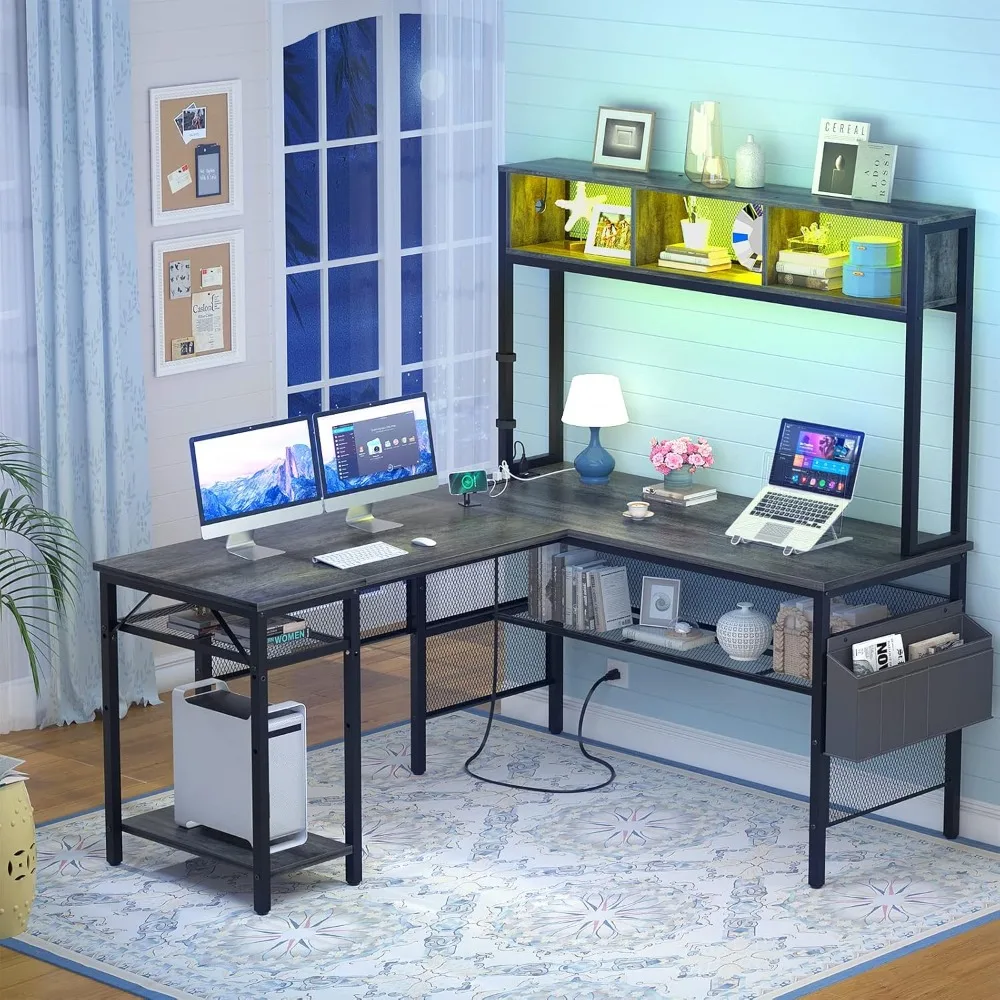 

Computer Desk, LED with Power Outlet, Reversible L-shaped Corner Desk with Storage Shelf and Bag, USB Port, Office Gaming Desk