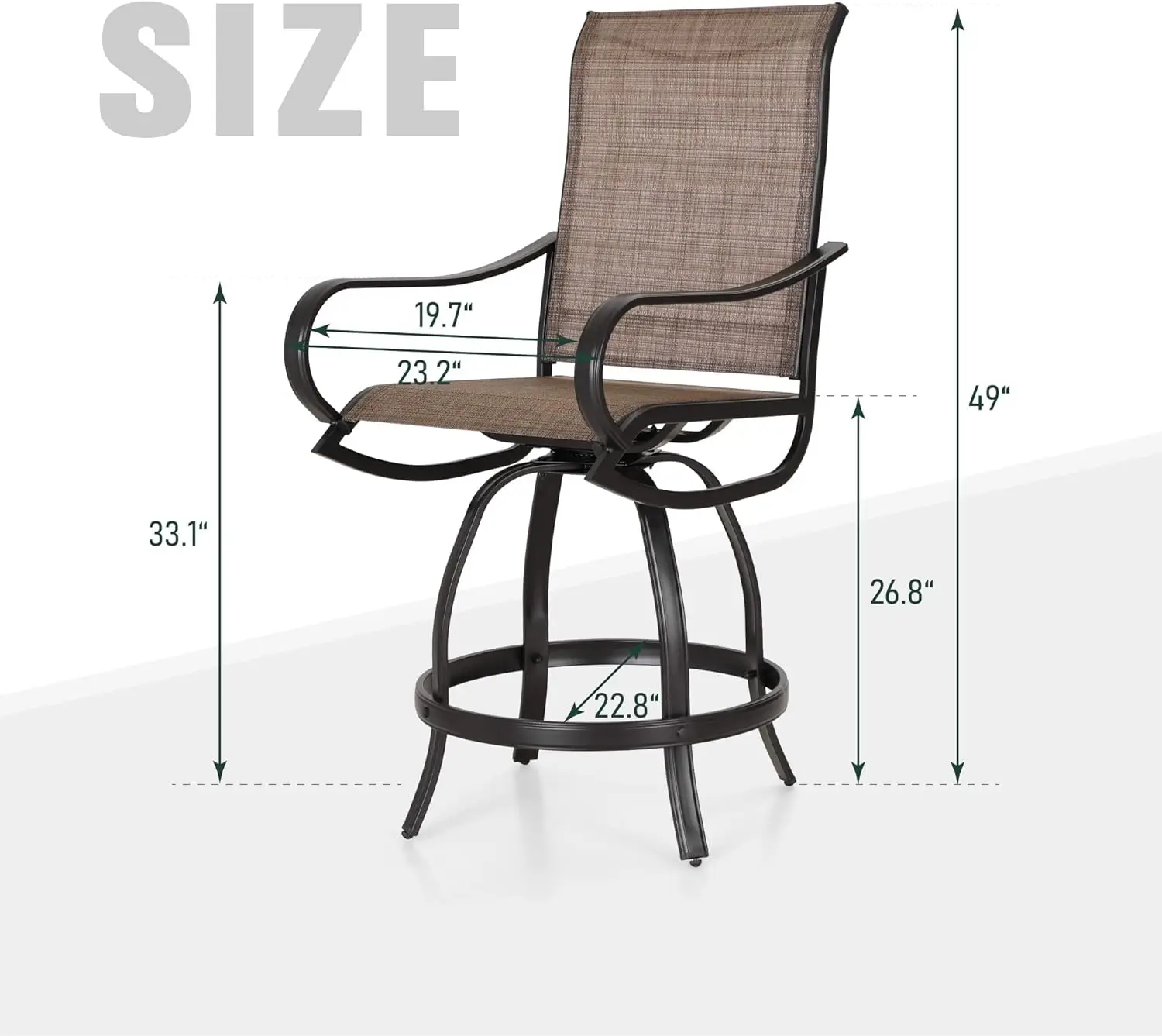 Outdoor Bar Stool, Patio Counter Height Sling Fabric Bar Chairs Set of 2, All-Weather Resistant, Brown