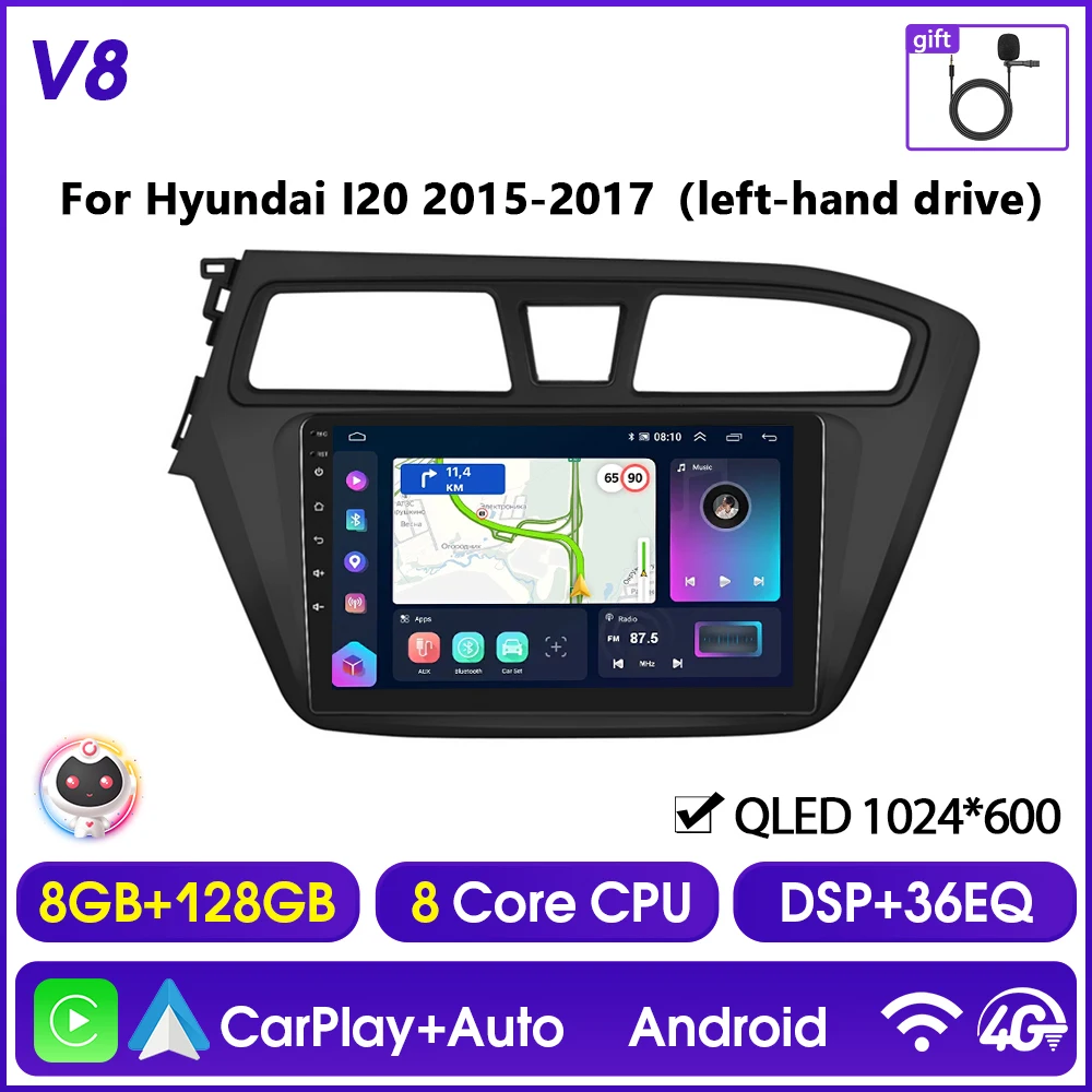 Hikity 8 Core Autoradio Voor Hyundai I20 2015-2017 Multimedia Videospeler Carplay 4G Wifi Gps Bluetooth Navigatie Fm Am