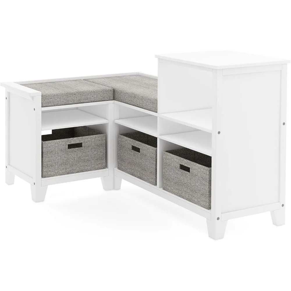 

Kids' Corner Nook - Creamy White: Wooden Storage Bench Bookcase Organizer with Seat Cushion and Fabric Bins for Reading in Bedr