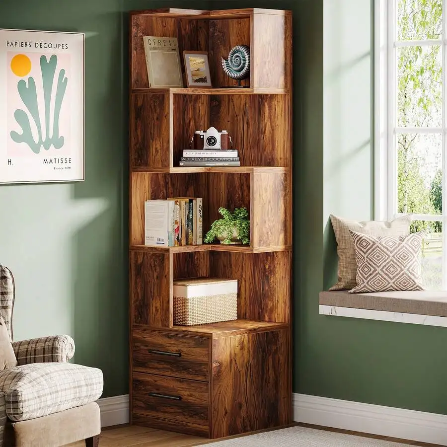 5-Tier Corner Bookshelf With 2 Drawers, 66.9-Inch Tall Corner Bookcase Shelf, Modern Simple Corner Storage Cabinet Display Rack Shelf For Living Room, Home Office, White