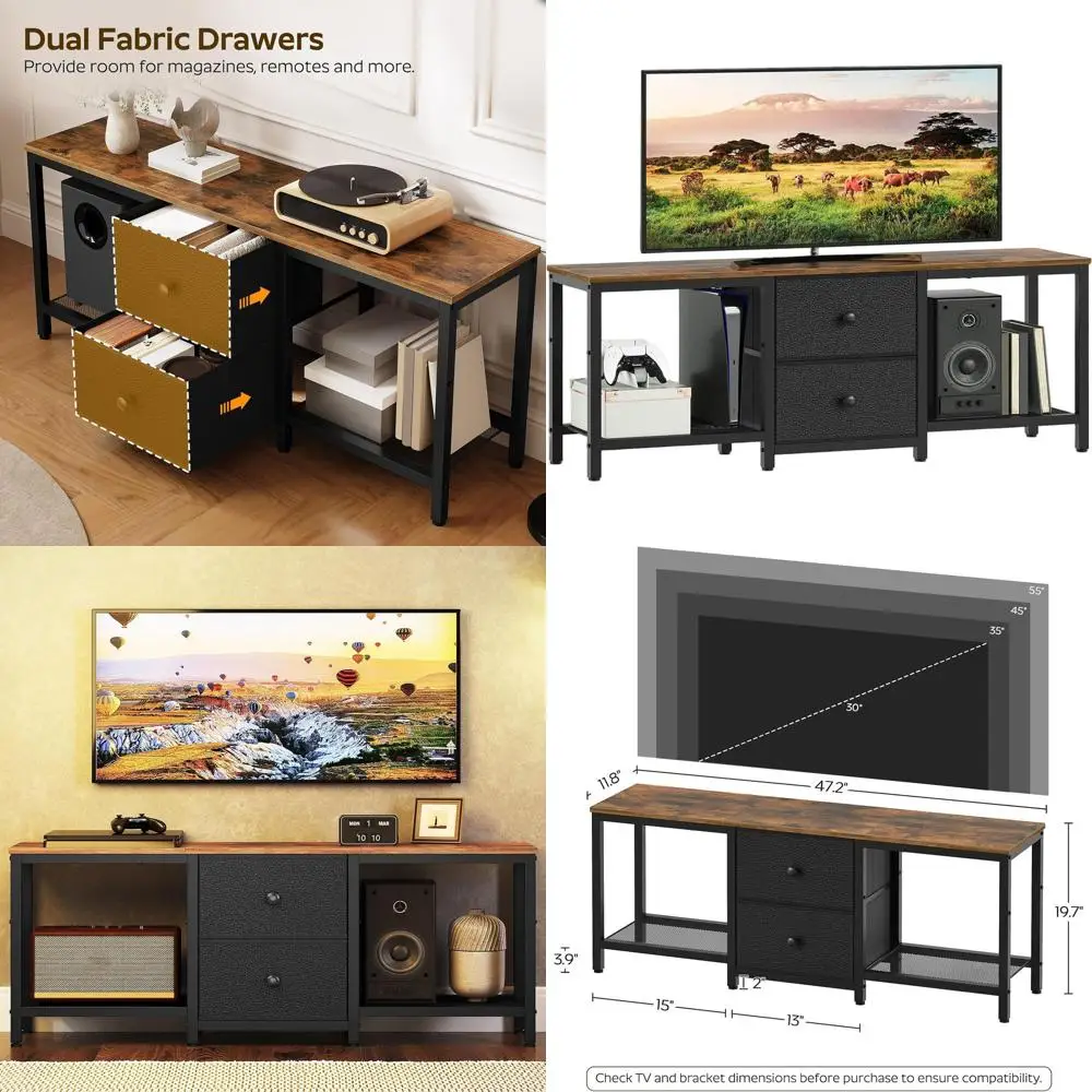 

Тумба под телевизор 55 дюймов с тканевыми ящиками, в деревенском стиле, коричнево-черная, для гостиной, спальни