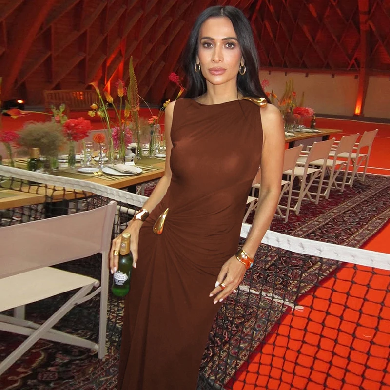 DGLUKE Vestido largo sin mangas con cuello barco para mujer, vestido largo drapeado fruncido, vestidos de fiesta elegantes para mujer