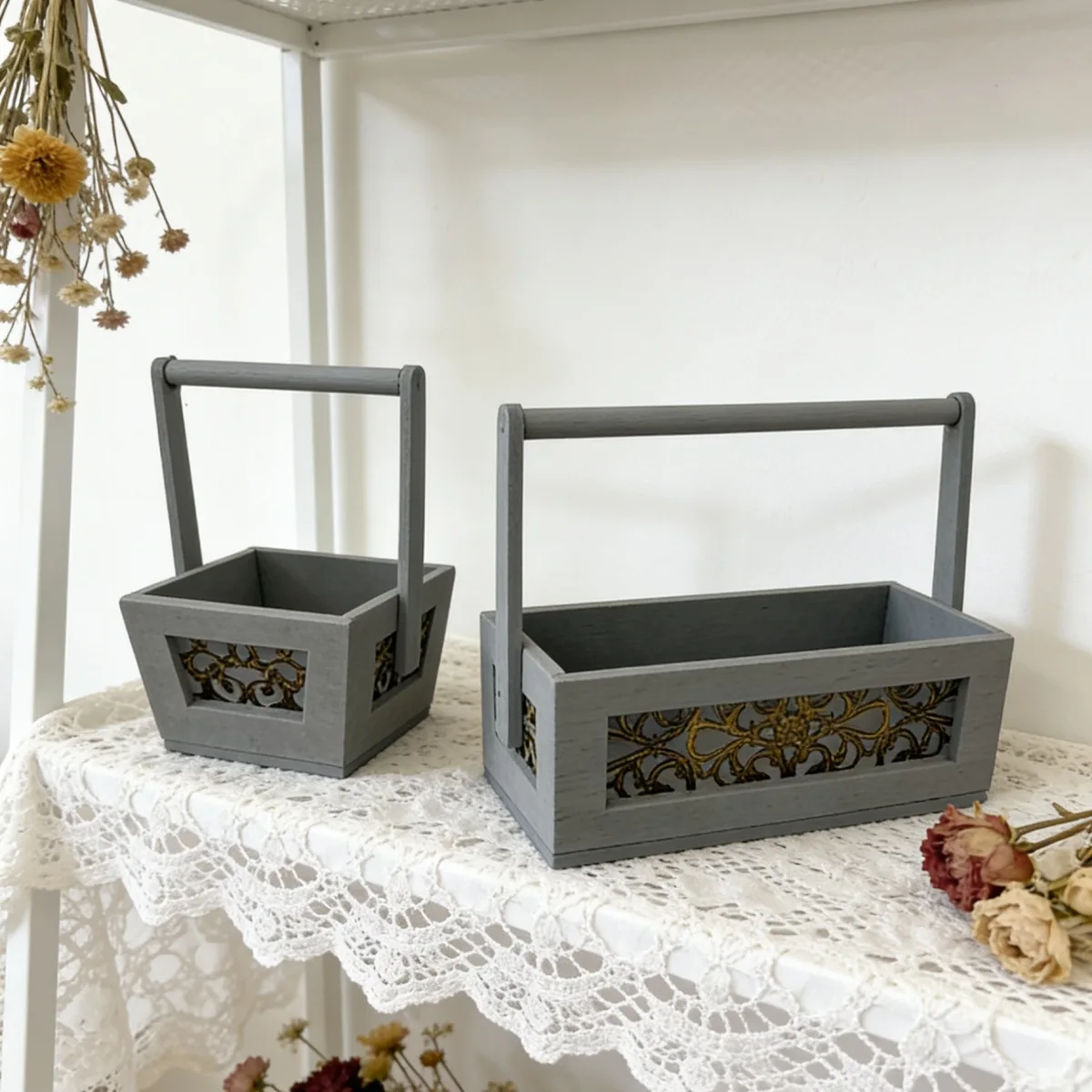 

5pcs 1:12 Scale Dollhouse Miniature Wooden Basket - Retro Hollow Portable Flower Pot, Rustic Garden Decor for Miniature Plants