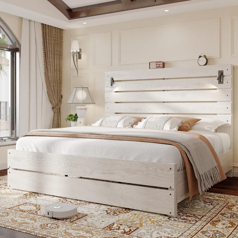 

Queen Size Farmhouse Bed Frame with 51" Headboard, LED Reading Lights, Rustic Wood Look, No Box Spring Needed