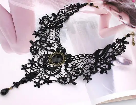 Gargantilla gótica con cuentas de flores negras para mujer, collar de cuello de encaje Sexy, cadena de borla Vintage, joyería Steampunk para Halloween