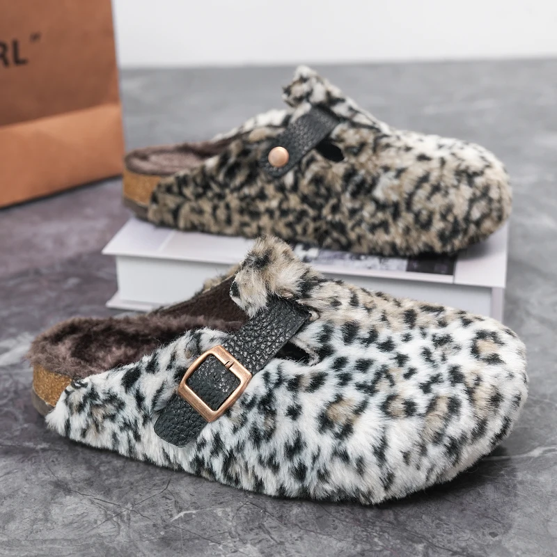 ليوبارد طباعة أفخم نِعال من الفراء للجنسين الشتاء الفلين النعال داخلي المنزل أحذية الانزلاق على الصنادل مع مشبك قابل للتعديل مغلق اصبع القدم #2