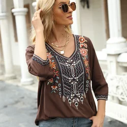 Eaeovni Embroidered Shirts for Women Boho Tops and Blouses 3/4 Sleeve Bohemian Peasant Summer Fall Tunic Top