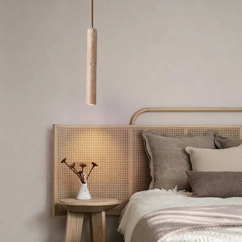 Led Pendant Lamp Long Tube Wood Ceiling Lamp Japan Style Quiet Wind Bedroom Bedside Chandelier Retro Modern Travertine Lighting