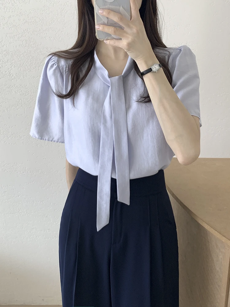 

Women's Summer New Vintage Korean Sle irt with Sa Two-Sided Wear Slimming Design Bubble Sve Straight Cut Pure Color