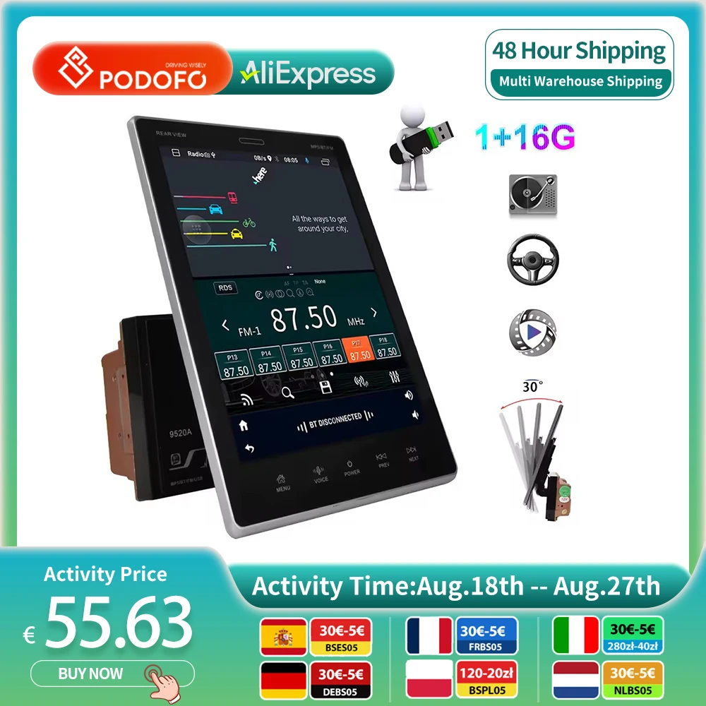 Podofo Android 2Din autoradio 9.5 schermo verticale HD BT/WiFi/GPS/FM controllo dello sterzo 2 + 32GB navigazione GPS Stereo