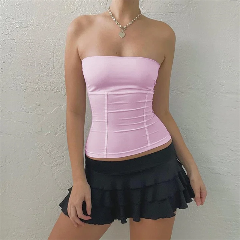 Y2k Women Satin Tube Top Solid Color Bandage Strapless Sleeveless Bandeau Cropped Tops Young Girl Slim Fit Crop Tank Tops