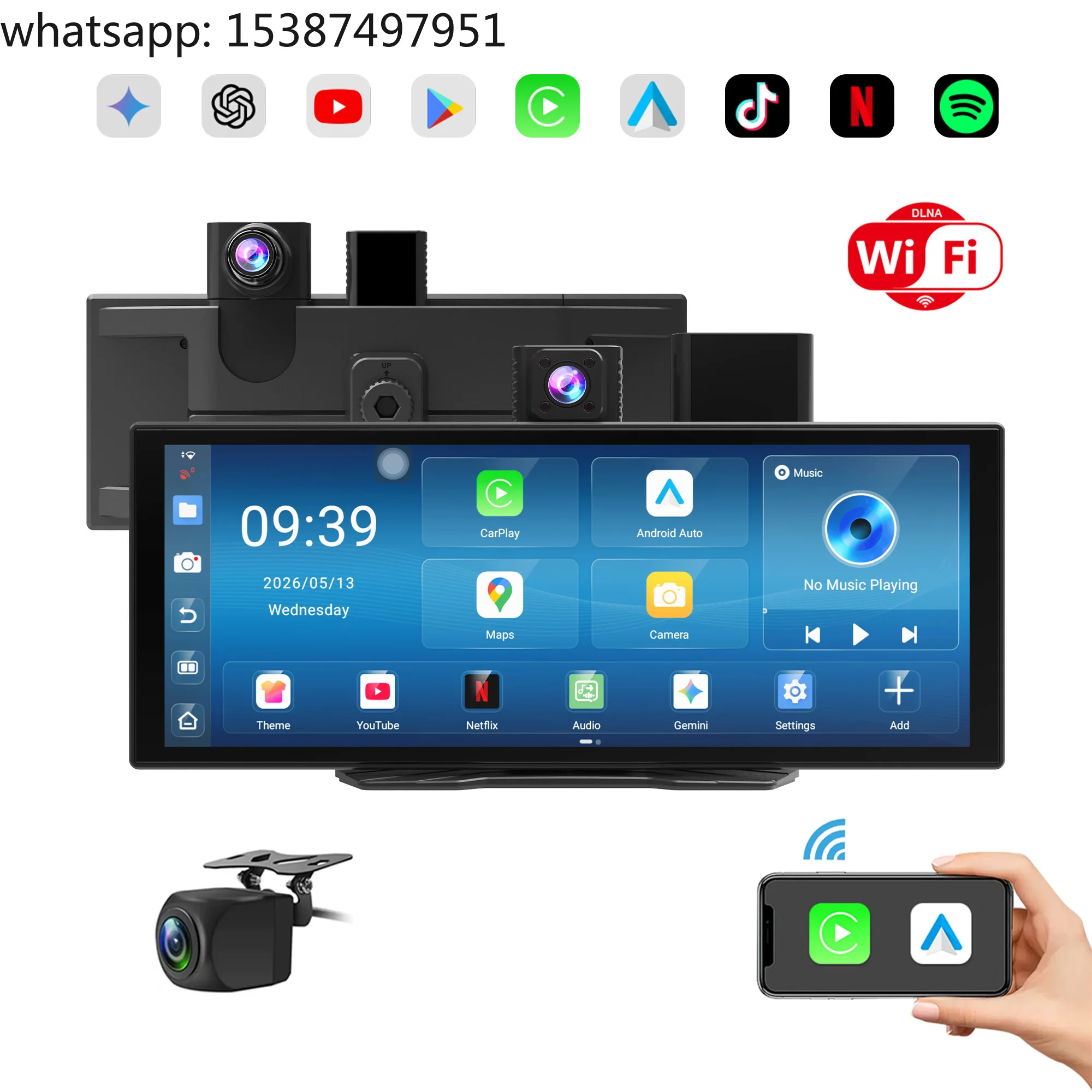 Car Screen 11.4 Inch Android 15.0 Touch Screen 3 CH Dash Cam Wireless Carplay Android Auto Wireless Carplay for Cars Multimedia