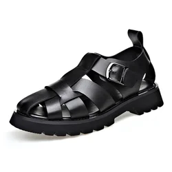Big Size Cow Leather Roman Sandals for Men 2026 Summer Designer Hallow Out Platform Shoes Male Fashion Casual Black Sandals Man