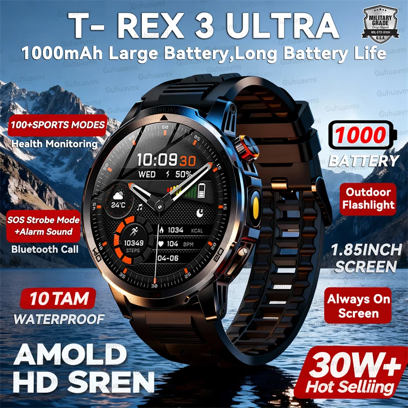 

2026 Military T-Rex 3 Smart Watch Fitness Clock Men 466*466 AMOLED Screen 1000mAh Battery Flashlight Call Waterproof Smartwatchs