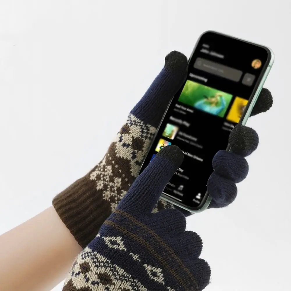 Soft Thick Knitted Gloves Driving Gloves Velvet Jacquard Gloves Solid Color Touchscreen Men Wool Mittens Autumn