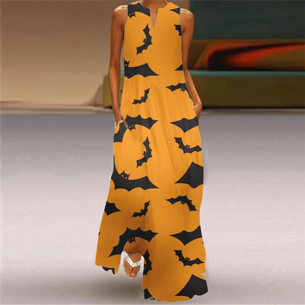 Bat Skull Print Hollow V-neck Ankle-length Festive Dress 2024 Street Style Sexy Dress Holiday Party Dinner Long Evening Dress