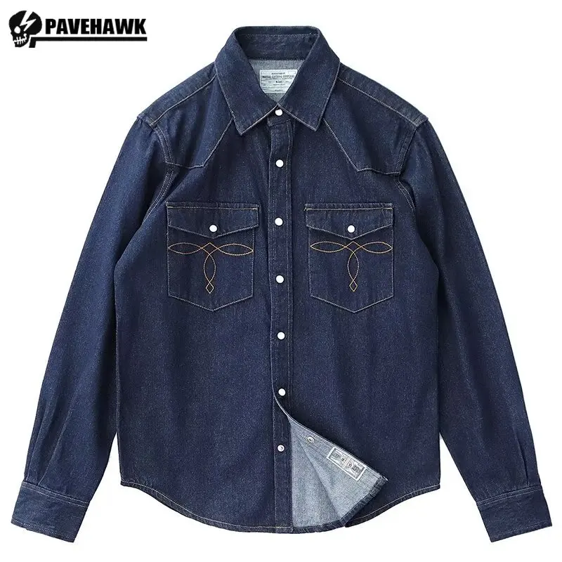 Heavyweight Classic Mens Cargo Denim Shirt Cotton Wear-resistant Washed Cowboy Cardigan Pockets Single Breasted Tooling Tops