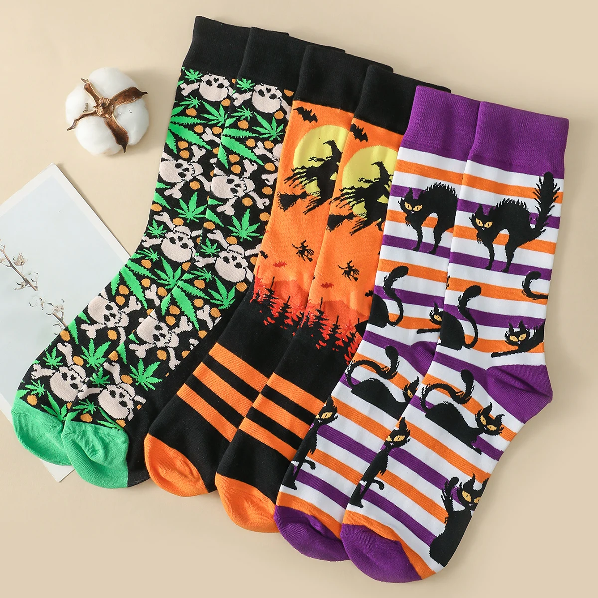 3 Pairs/Pack Women Men\'s Halloween Socks Skeleton Witch Cat Pattern Trendy Crew Socks Autumn Winter Unisex Socks Streetwear